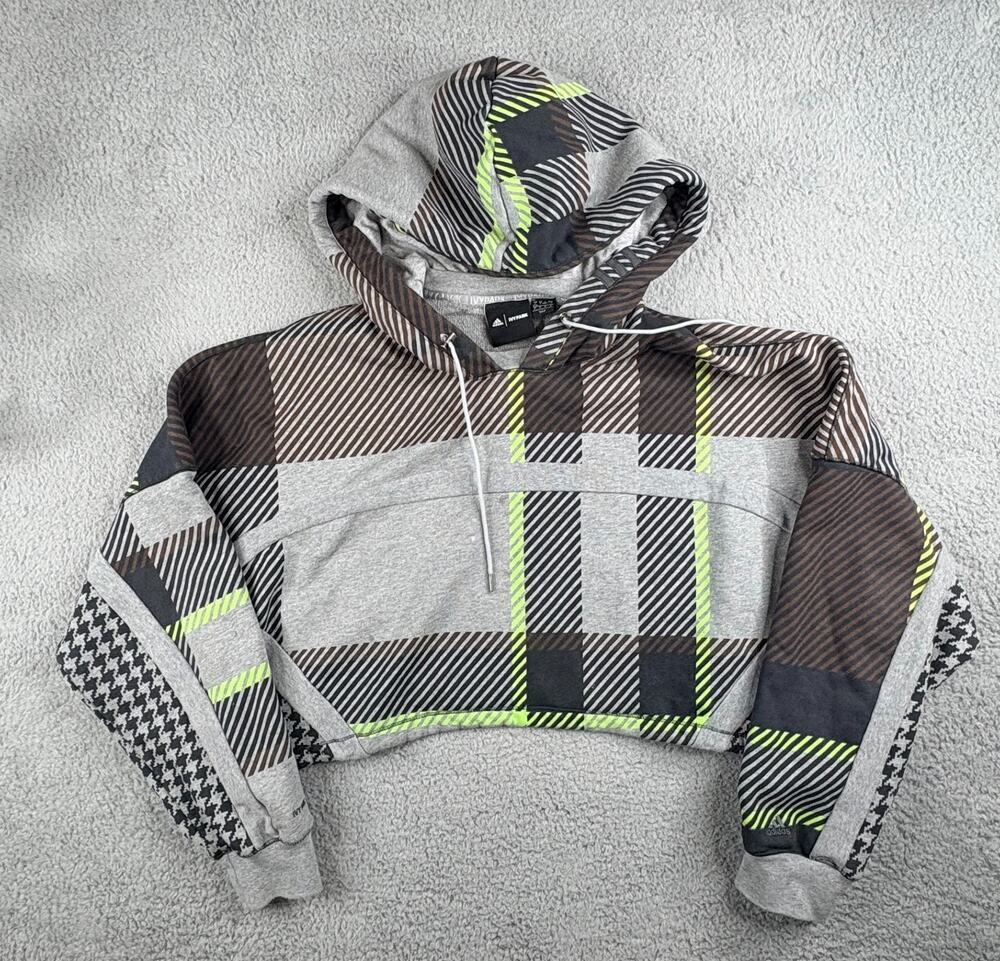 Adidas x Ivy Park Cropped Hoodie Women's Large Gray Houndstooth Long Sleeves
